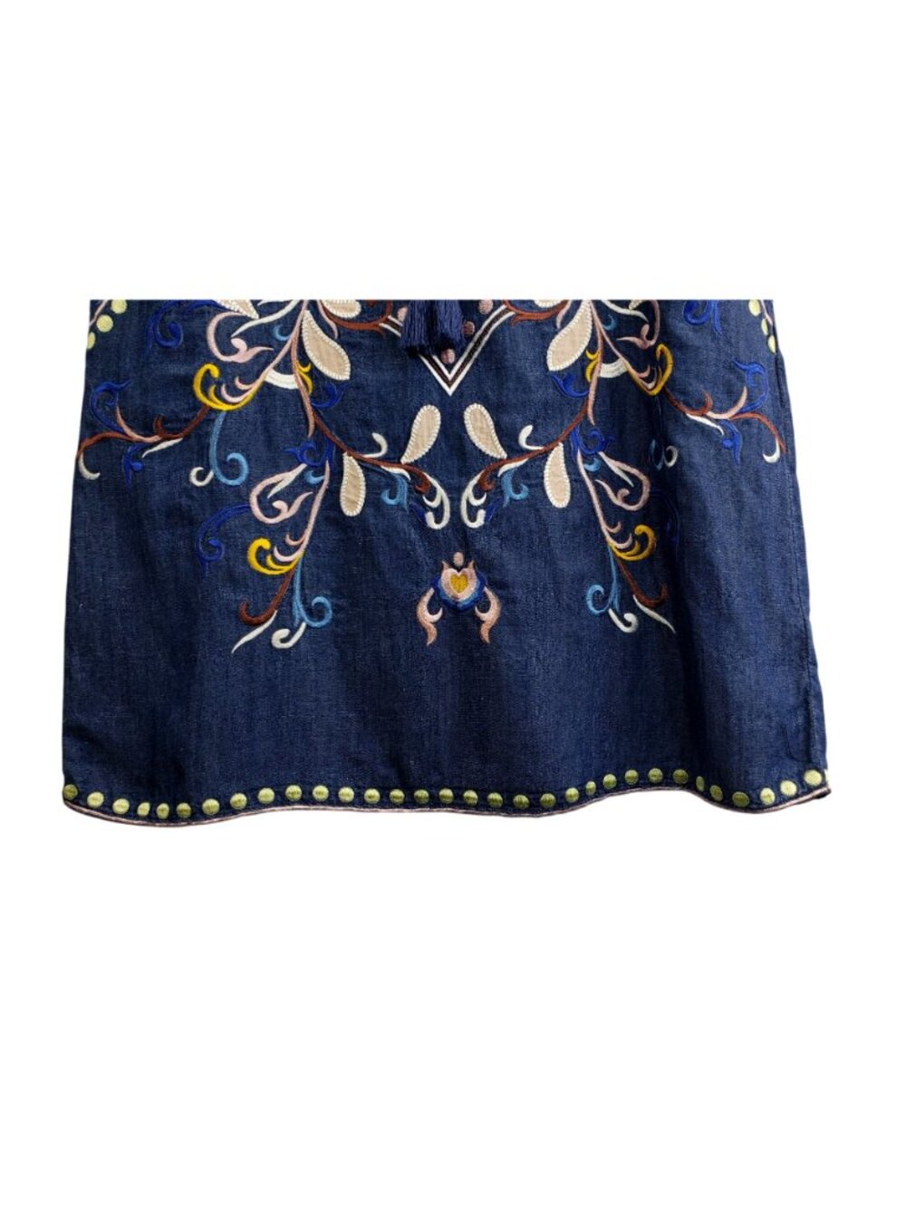 Philosophy Boho Chambray Dress S Blue Floral Embroidery Peasant Tassel Gromets - Picture 4 of 15